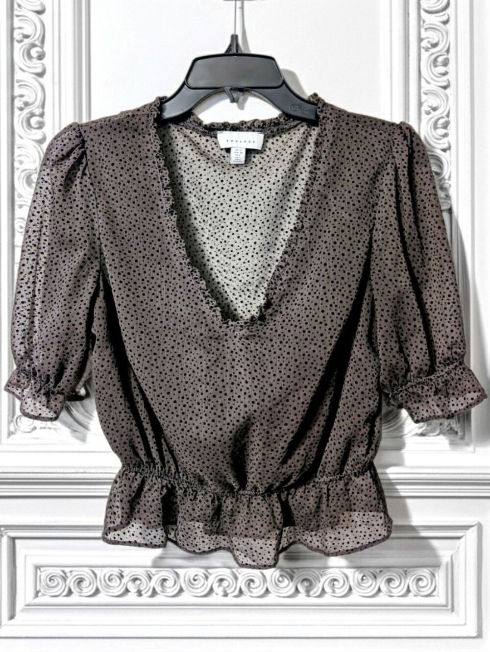 Topshop Dark Brown & Black Polka Dot Sheer Puff Sleeve Crop Blouse, Size 6
